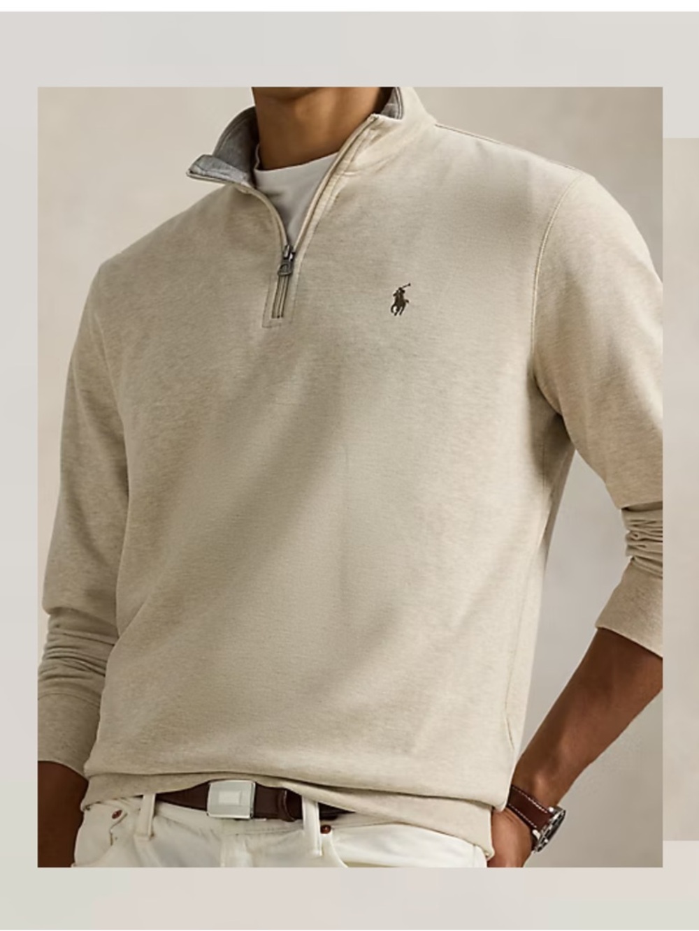 Polo Ralph Lauren Luxury Jersey Quarter Zip Pullover oatmeal cream brown logo XL